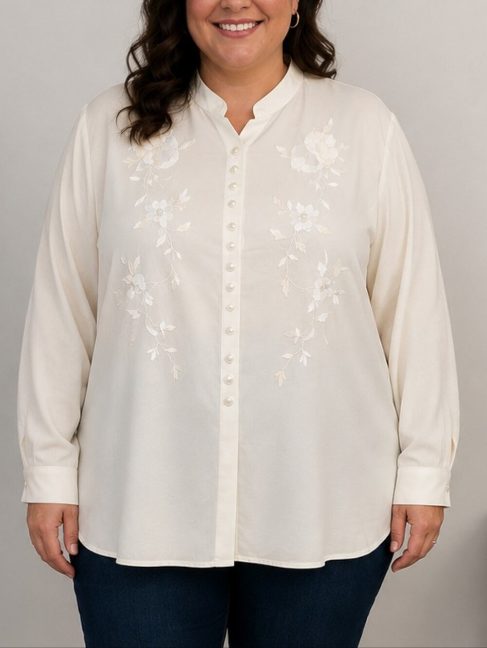Vintage Carry Back Size 18 Ivory Floral Embroidered Blouse Button Front